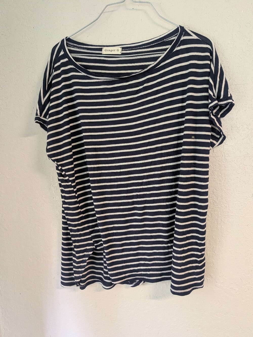 Ginger G Navy White Striped Short Sleeve Tee M Lagenlook Fisherman Boxy Capsule
